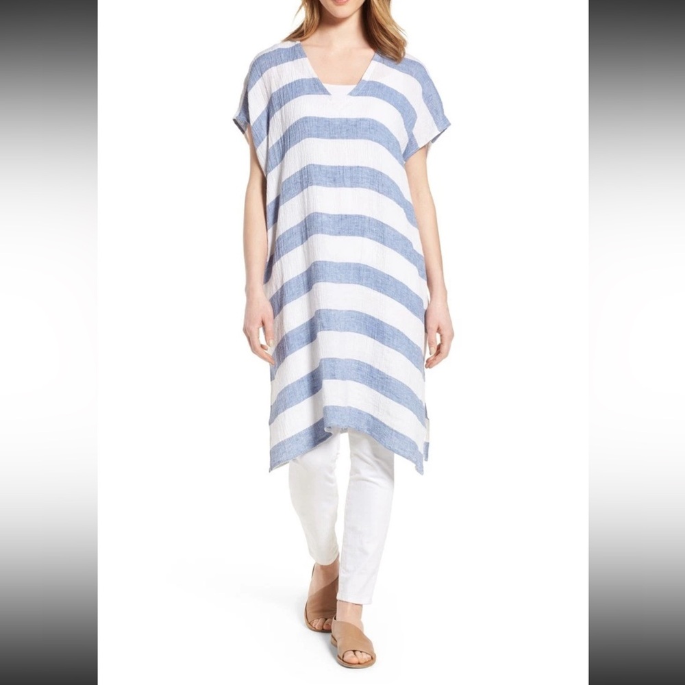 Women’s Eileen Fisher Chambray Organic Linen Tunic Blouse Poncho Coverup Dress